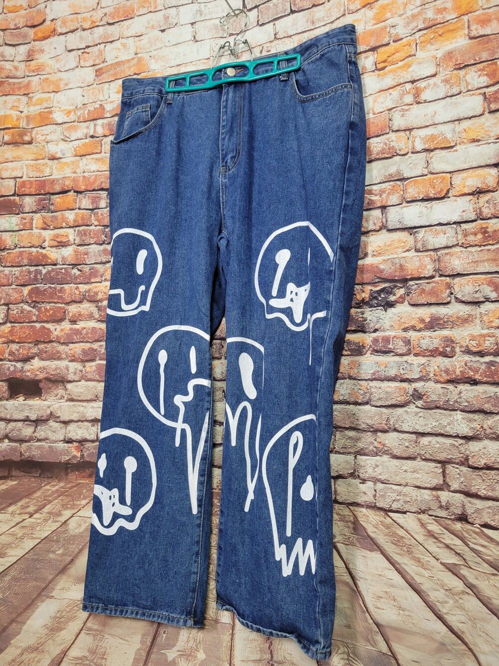 Shein Size 3XL Psychedelic Smiley Face Print Jeans Blue Denim